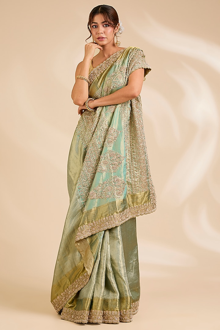 Sage Green Kanjivaram Silk Reception Saree Set by TATWAMM By Abhishek & Vinita at Pernia's Pop Up Shop