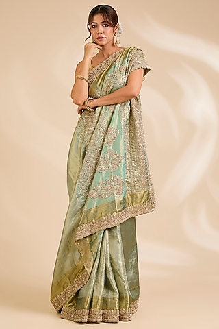 Sage Green Kanjivaram Silk Saree Set by TATWAMM By Abhishek & Vinita