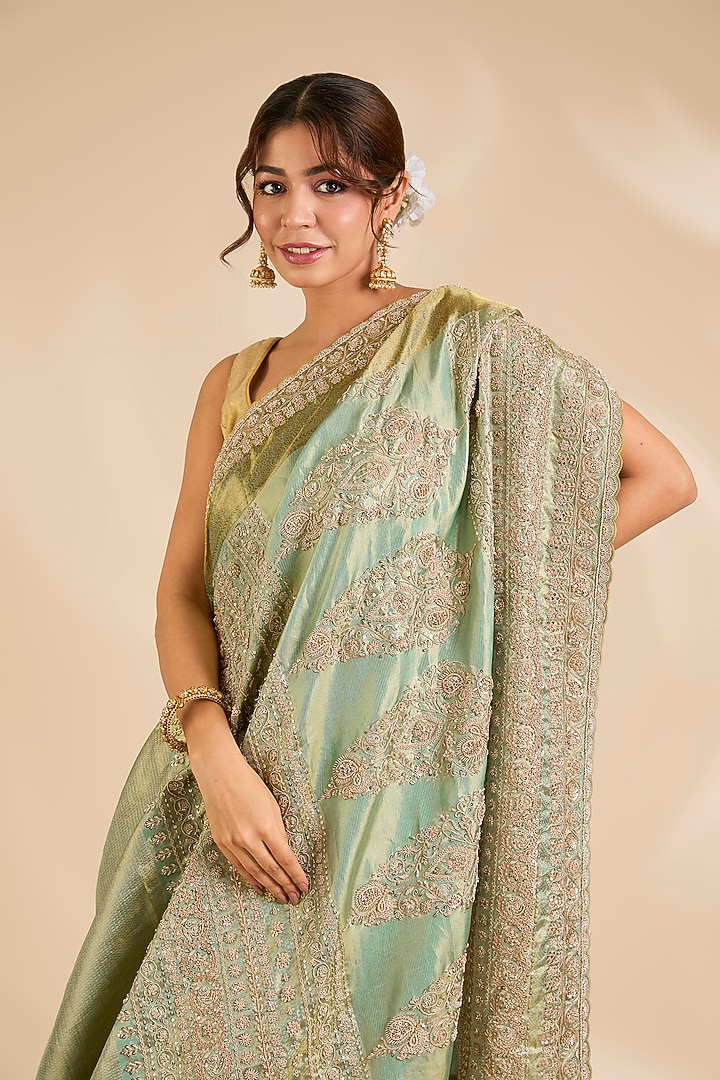 Sage Green Kanjivaram Silk Reception Saree Set by TATWAMM By Abhishek & Vinita at Pernia's Pop Up Shop