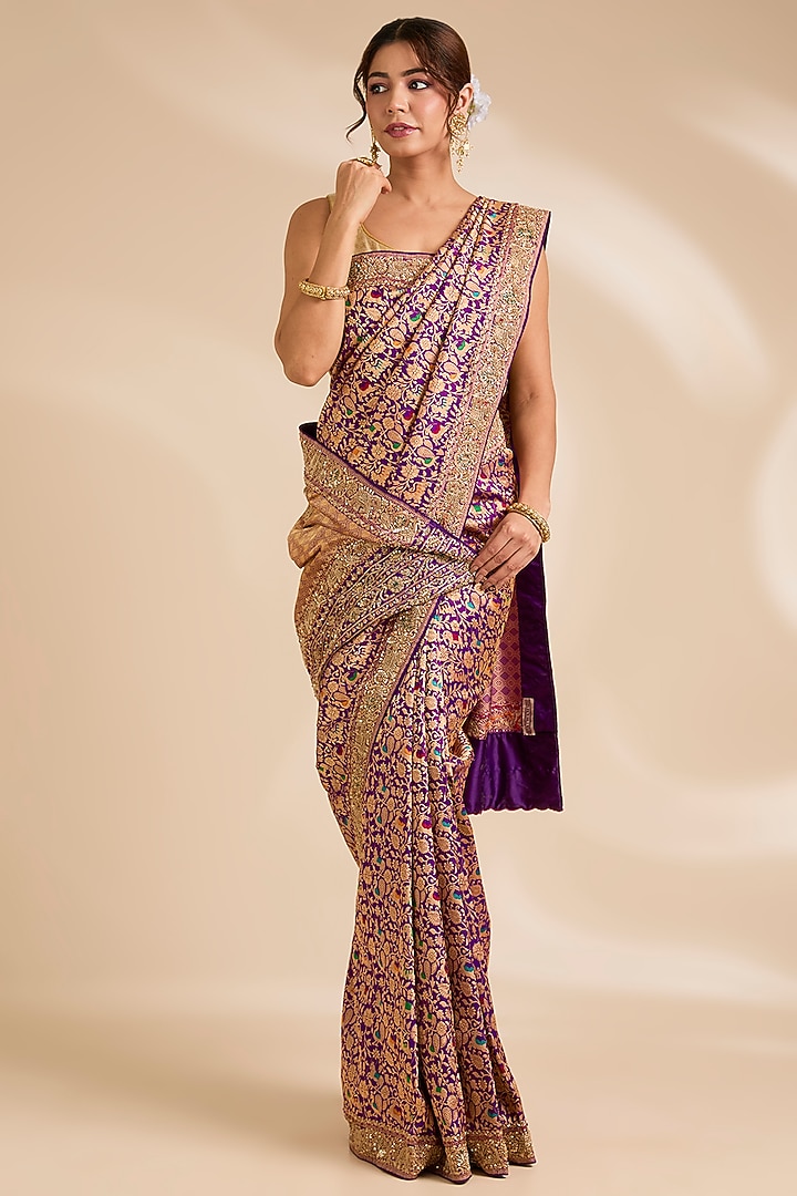 Purple Banarasi Silk Reception Saree Set by TATWAMM By Abhishek & Vinita at Pernia's Pop Up Shop