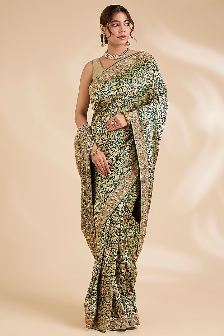 Green Banarasi Silk Reception Saree Set by TATWAMM By Abhishek & Vinita at Pernia's Pop Up Shop