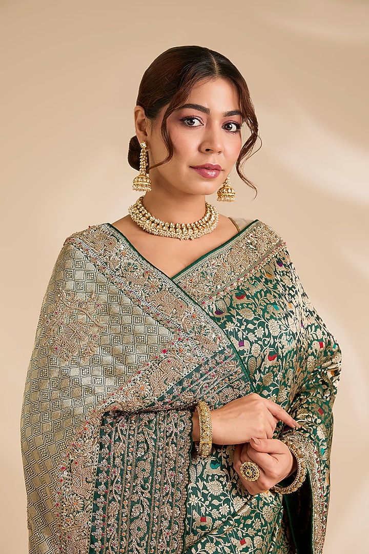 Green Banarasi Silk Reception Saree Set by TATWAMM By Abhishek & Vinita at Pernia's Pop Up Shop