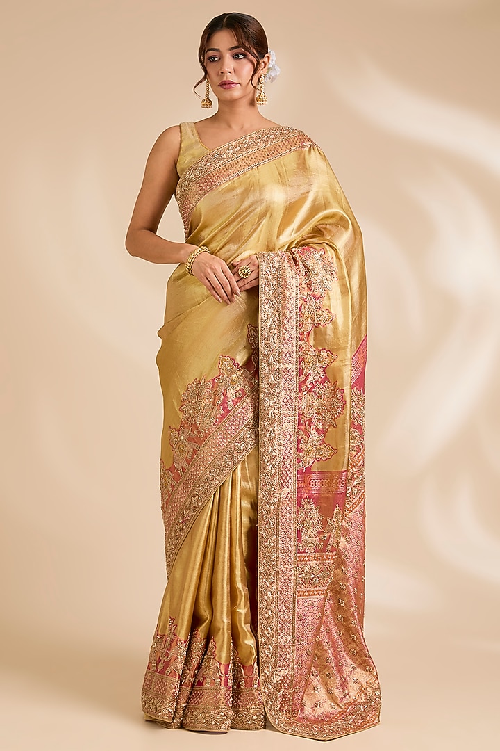 Pink & Gold Kanjivaram Silk Reception Saree Set by TATWAMM By Abhishek & Vinita at Pernia's Pop Up Shop