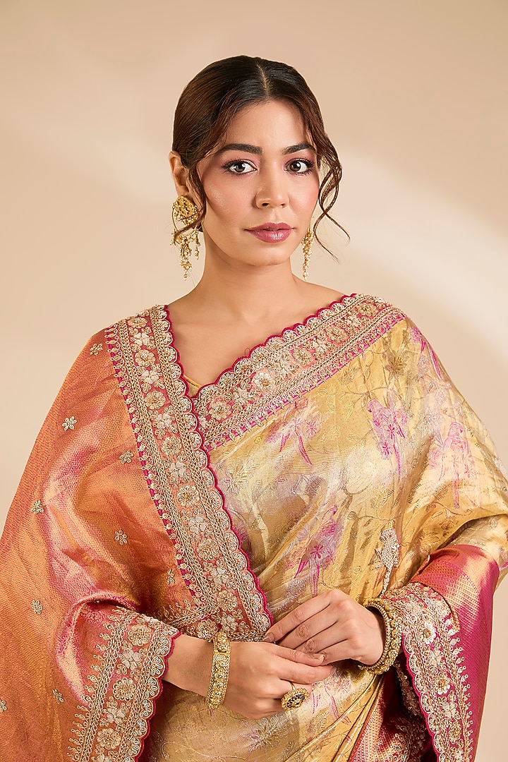 Pink & Gold Kanjivaram Silk Reception Saree Set by TATWAMM By Abhishek & Vinita at Pernia's Pop Up Shop