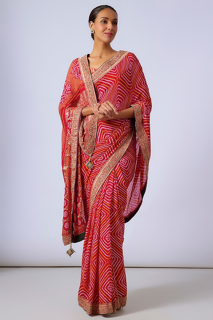 Red Pure Georgette Zardosi Hand Work & Bandhani Printed Saree Set by TATWAMM Couture at Pernia's Pop Up Shop