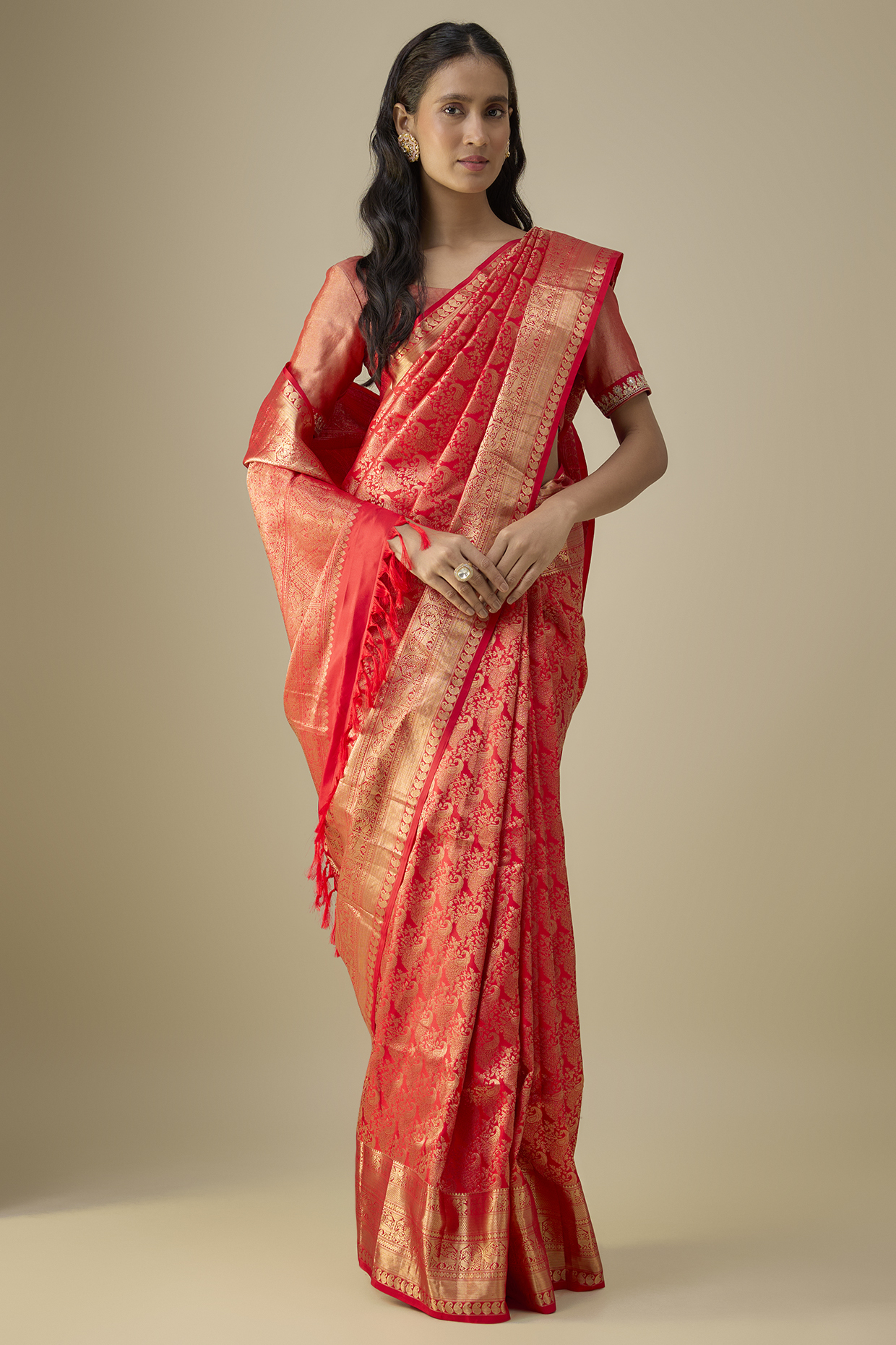 Red Handwoven Kanjivaram Silk Wedding Saree Set by TATWAMM Couture at Pernia's Pop Up Shop