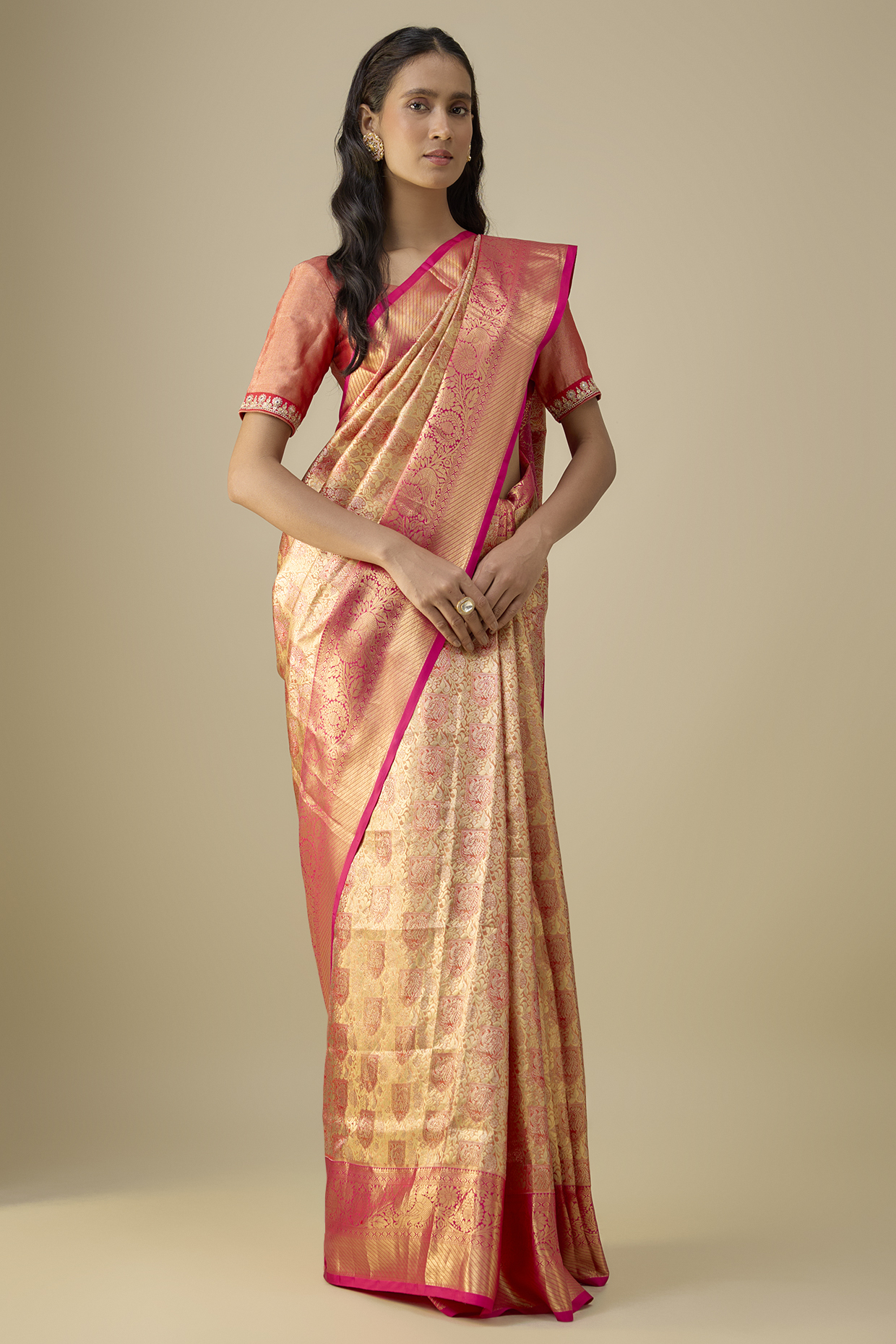 Pink & Light Gold Handwoven Kanjivaram Silk Wedding Saree Set by TATWAMM Couture at Pernia's Pop Up Shop