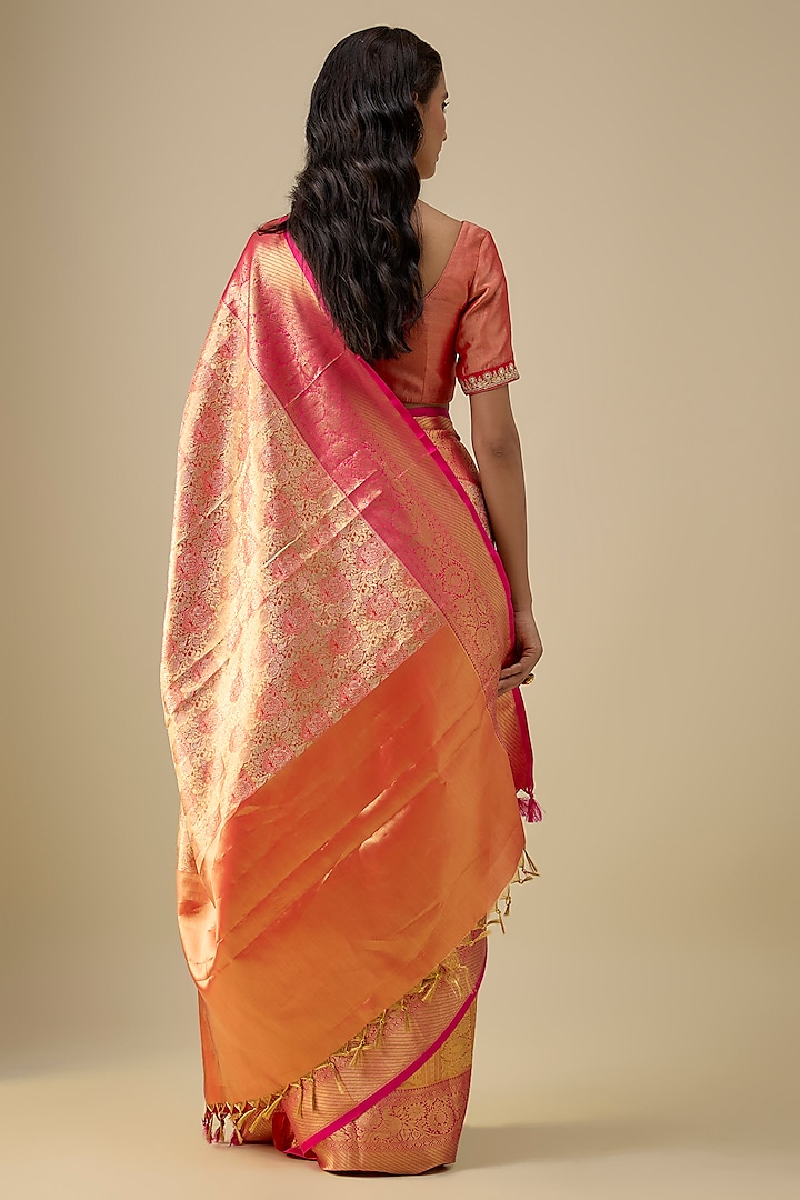 Pink & Light Gold Handwoven Kanjivaram Silk Wedding Saree Set by TATWAMM By Abhishek & Vinita at Pernia's Pop Up Shop