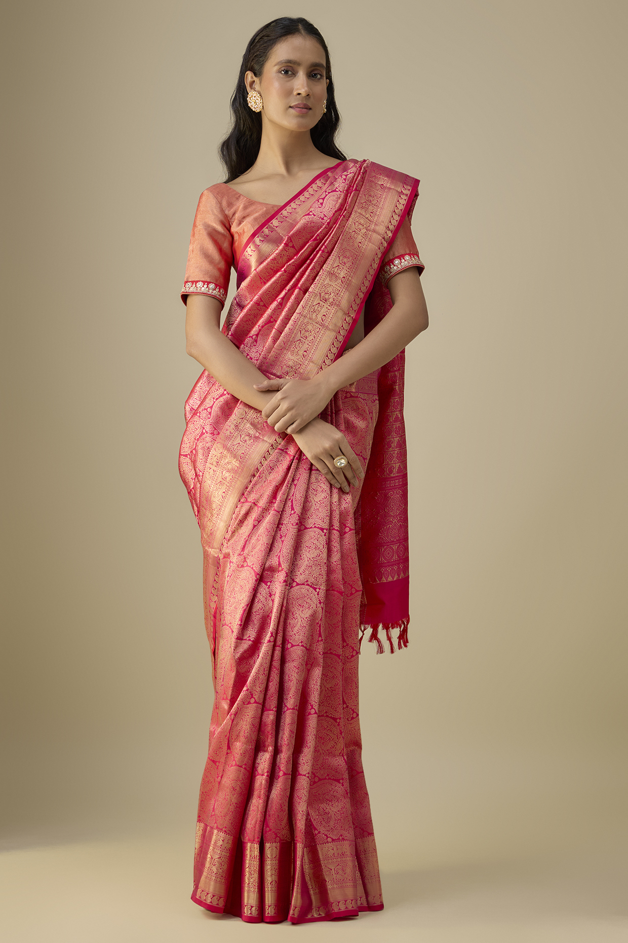 Pink Handwoven Kanjivaram Silk Wedding Saree Set by TATWAMM Couture at Pernia's Pop Up Shop
