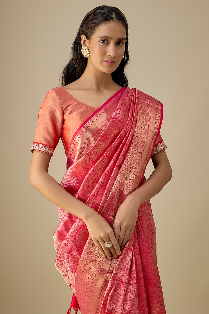 Pink Handwoven Kanjivaram Silk Wedding Saree Set by TATWAMM By Abhishek & Vinita at Pernia's Pop Up Shop