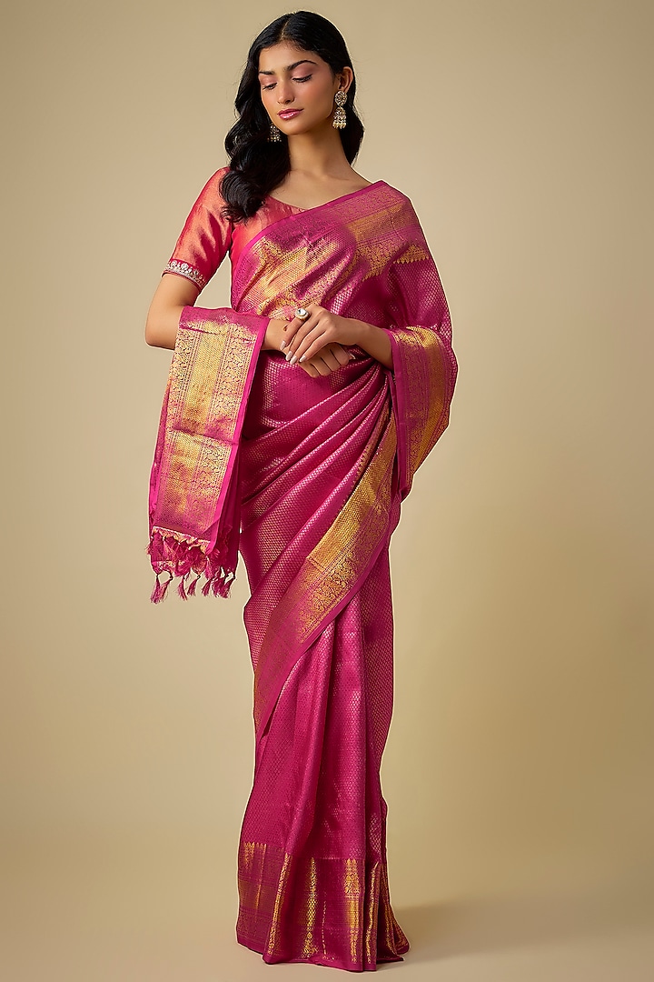 Pink Kanjivaram Silk Wedding Saree Set by TATWAMM Couture at Pernia's Pop Up Shop