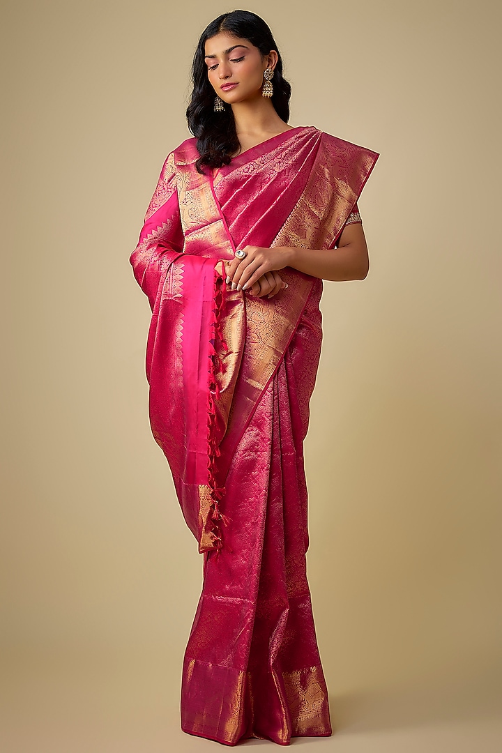 Pink Kanjivaram Silk Wedding Saree Set by TATWAMM Couture at Pernia's Pop Up Shop