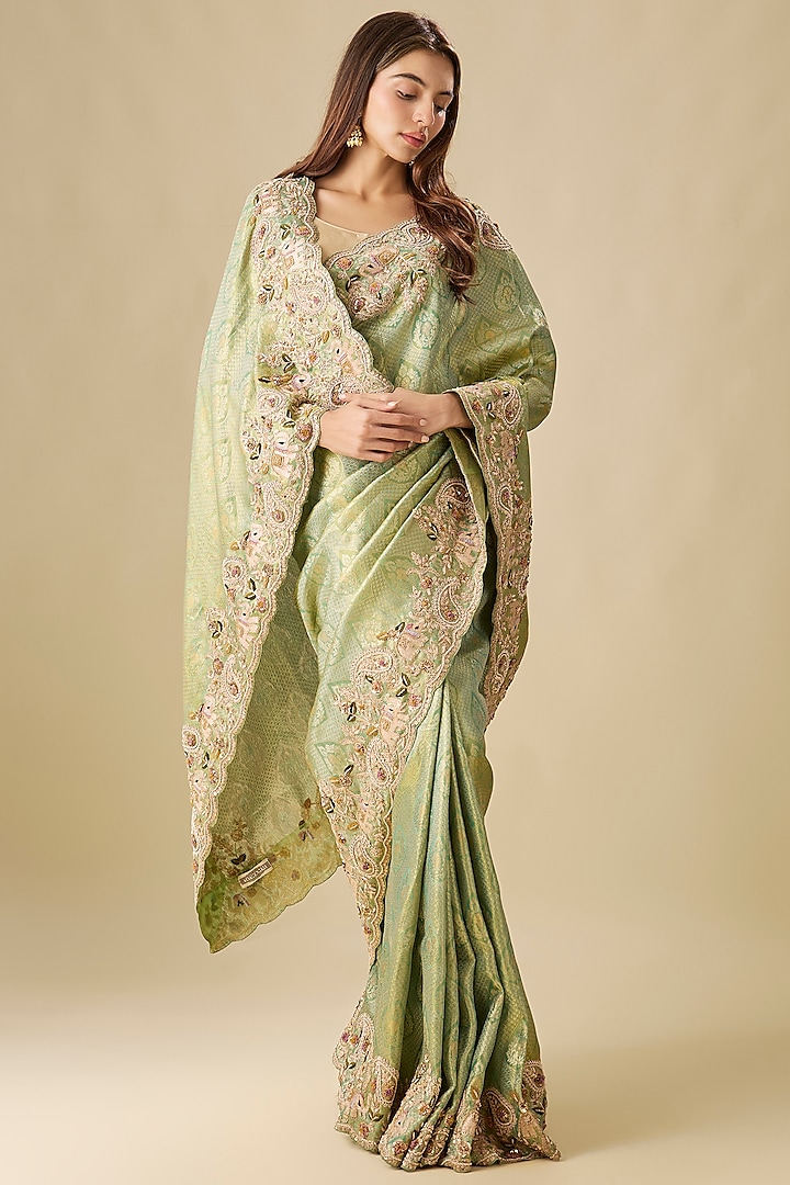 Green Silk Zardosi Work Brocade Reception Saree Set by TATWAMM Couture at Pernia's Pop Up Shop