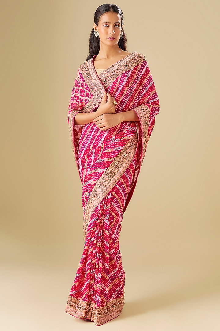 Pink Georgette Zardosi Work Bandhej Wedding Saree by TATWAMM Couture at Pernia's Pop Up Shop