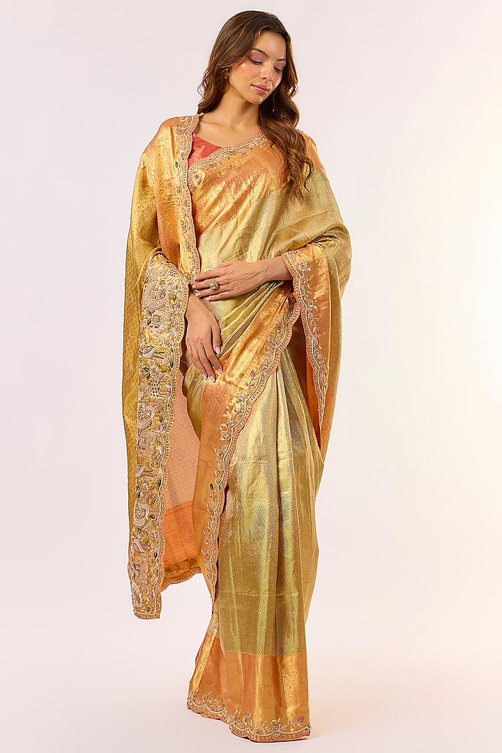 Gold Silk Zardosi Work Kanjivaram Wedding Saree Set by TATWAMM Couture at Pernia's Pop Up Shop