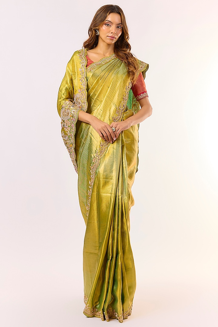 Green Silk Zardosi Work Kanjivaram Wedding Saree Set by TATWAMM Couture at Pernia's Pop Up Shop