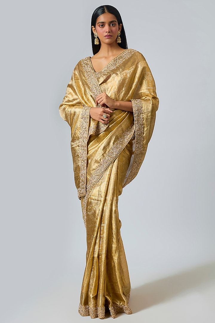 Gold Silk Zardosi Work Kanjivaram Wedding Saree Set by TATWAMM Couture at Pernia's Pop Up Shop