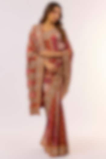 Red Georgette Zardosi Work Bandhani Reception Saree Set by TATWAMM Couture at Pernia's Pop Up Shop