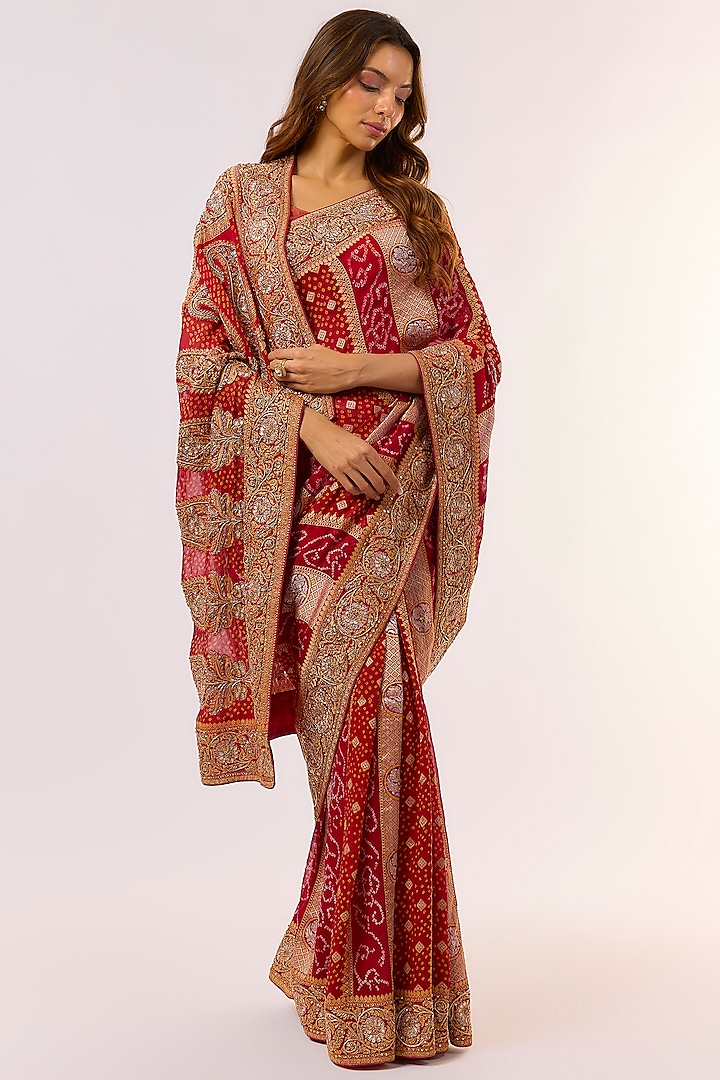 Red Georgette Zardosi Work Bandhani Reception Saree Set by TATWAMM Couture at Pernia's Pop Up Shop
