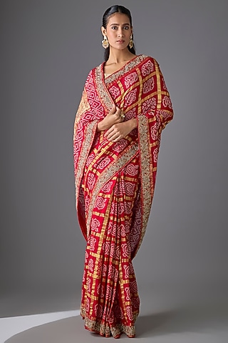 Red Gharchola Zardosi Work Saree Set by TATWAMM By Abhishek & Vinita