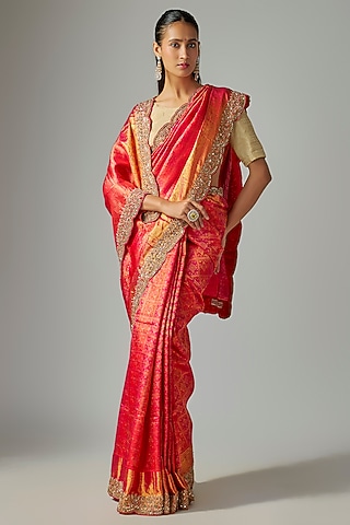 Orange Kanjivaram Silk Saree Set by TATWAMM By Abhishek & Vinita