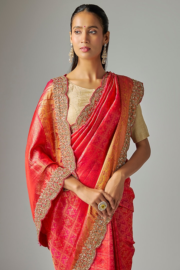 Orange Kanjivaram Silk Reception Saree Set by TATWAMM By Abhishek & Vinita at Pernia's Pop Up Shop