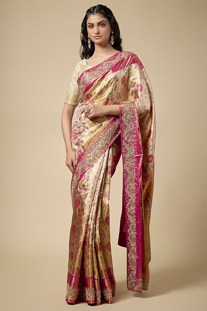 Gold Kanjivaram Zardosi Work Reception Saree Set by TATWAMM Couture at Pernia's Pop Up Shop