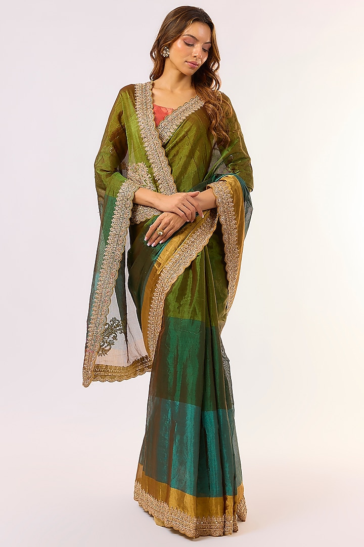 Green Tissue Zardosi Work Wedding Saree Set by TATWAMM Couture at Pernia's Pop Up Shop