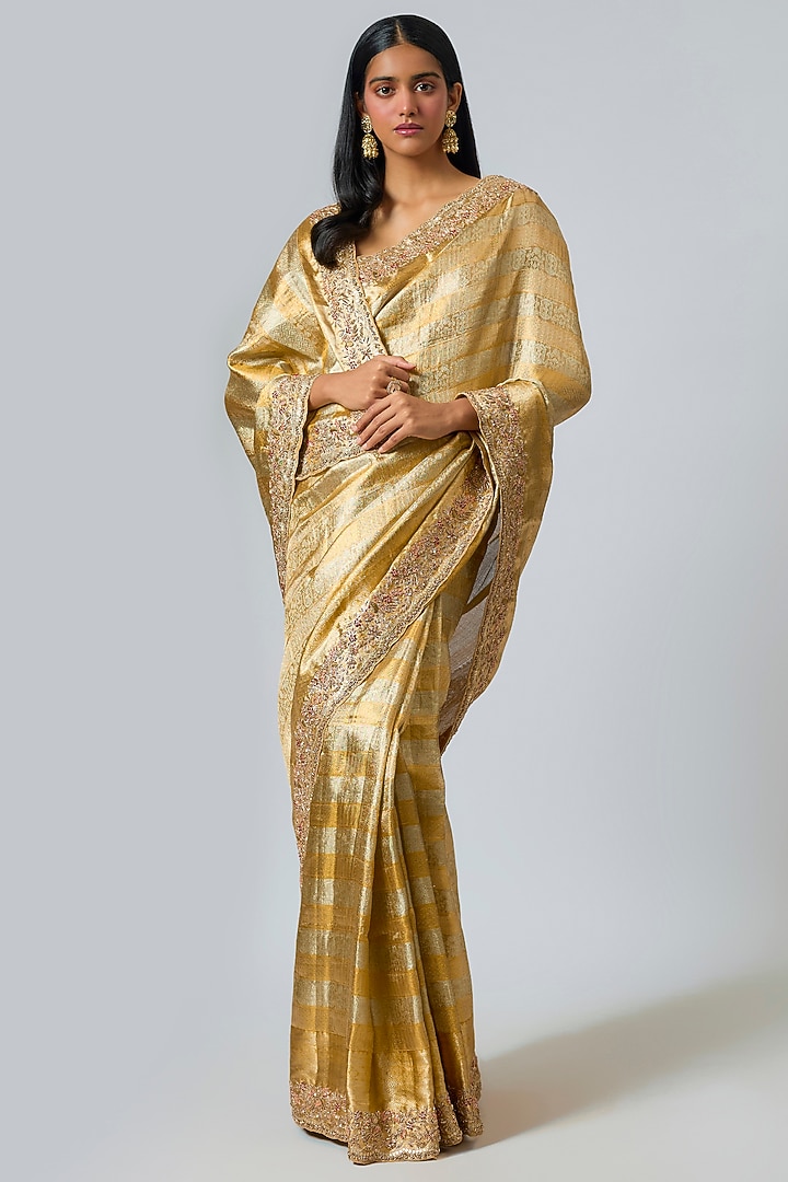 Gold & Silver Silk Zardosi Work Kanjivaram Wedding Saree Set by TATWAMM Couture at Pernia's Pop Up Shop