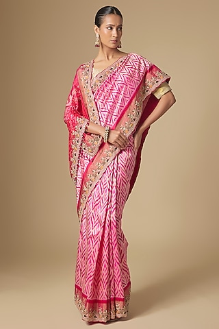Pink Pochampally Ikkat Handwork Saree Set by TATWAMM By Abhishek & Vinita