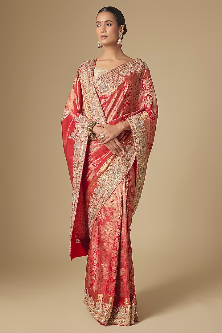 Red Kanchivaram Handwork Reception Saree Set by TATWAMM By Abhishek & Vinita at Pernia's Pop Up Shop