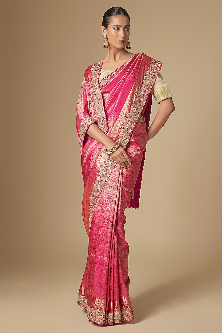 Pink Pochampally Ikkat Handwork Reception Saree Set by TATWAMM By Abhishek & Vinita at Pernia's Pop Up Shop