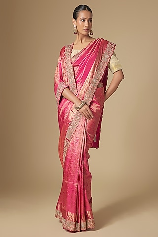 Pink Pochampally Ikkat Handwork Saree Set by TATWAMM By Abhishek & Vinita