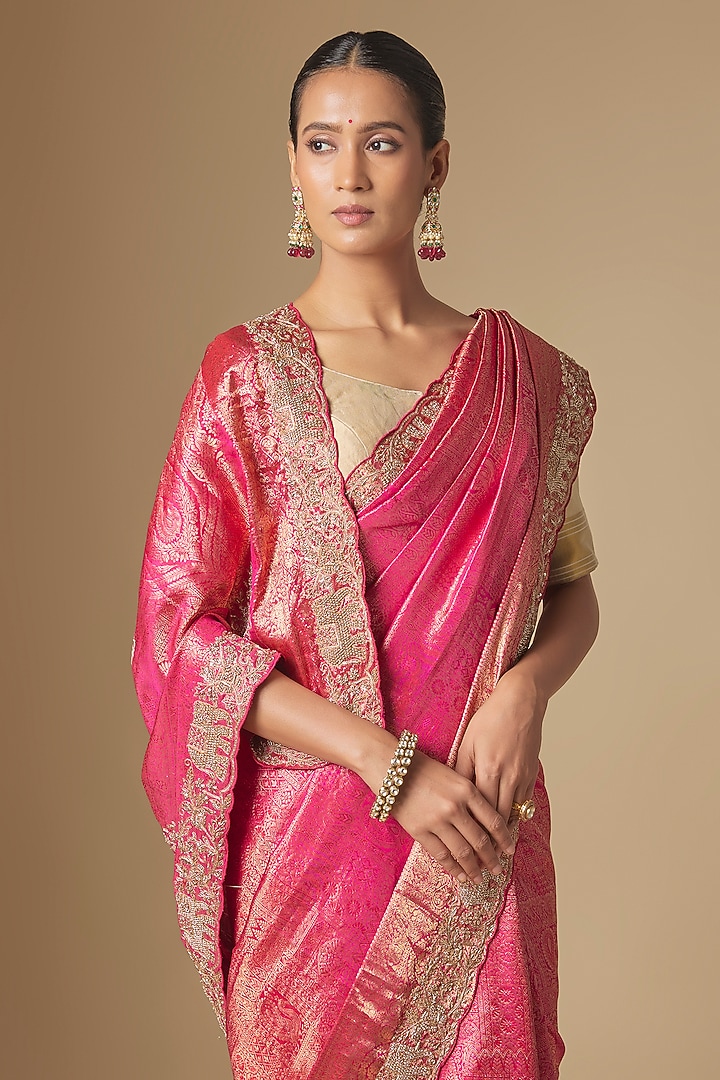 Pink Pochampally Ikkat Handwork Reception Saree Set by TATWAMM By Abhishek & Vinita at Pernia's Pop Up Shop