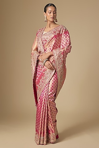 Red & Rani Pink Kanchivaram Handwork Saree Set by TATWAMM By Abhishek & Vinita