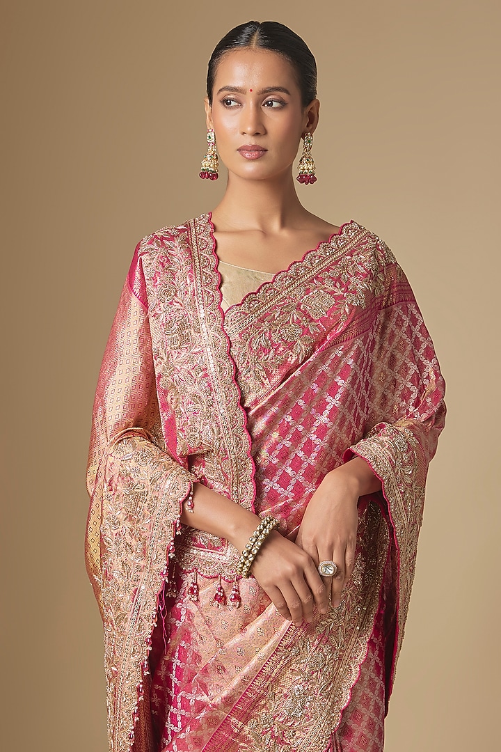 Red & Rani Pink Kanchivaram Handwork Reception Saree Set by TATWAMM By Abhishek & Vinita at Pernia's Pop Up Shop