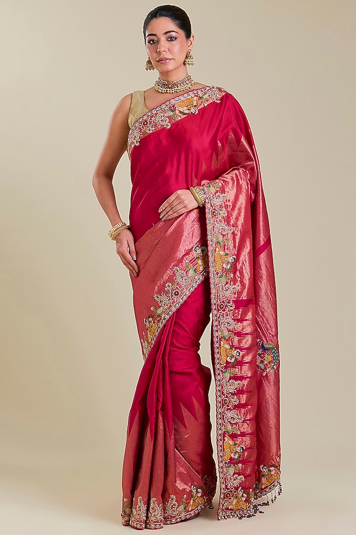 Pink Kanchivaram Embroidered Reception Saree by TATWAMM By Abhishek & Vinita at Pernia's Pop Up Shop