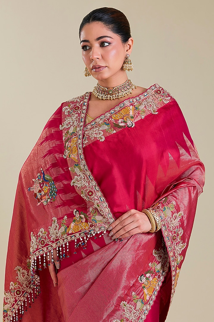 Pink Kanchivaram Embroidered Reception Saree by TATWAMM By Abhishek & Vinita at Pernia's Pop Up Shop