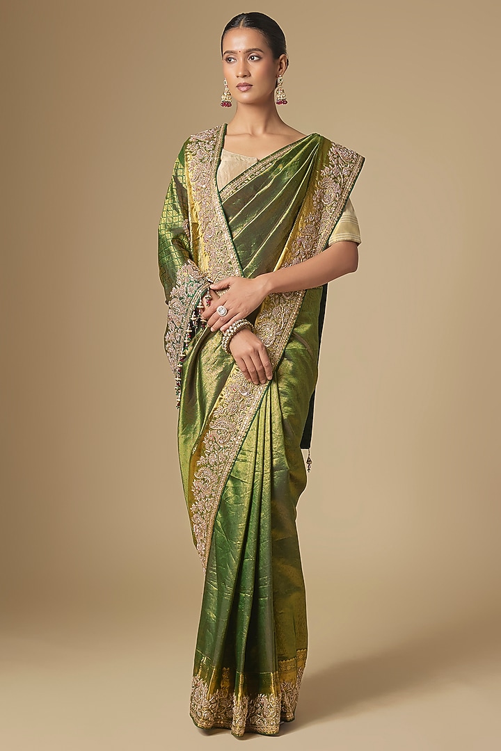 Green Kanchivaram Handwork Reception Saree Set by TATWAMM By Abhishek & Vinita at Pernia's Pop Up Shop
