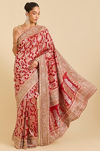 Red Banarasi Embroidered Saree  by TATWAMM By Abhishek & Vinita