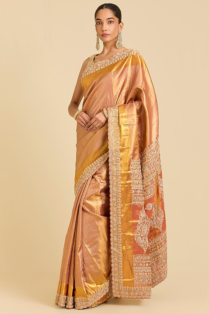 Peach Kanchivaram Embroidered Reception Saree by TATWAMM By Abhishek & Vinita at Pernia's Pop Up Shop