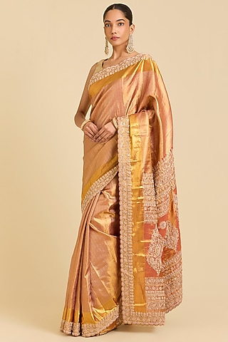 Peach Kanchivaram Embroidered Saree by TATWAMM By Abhishek & Vinita