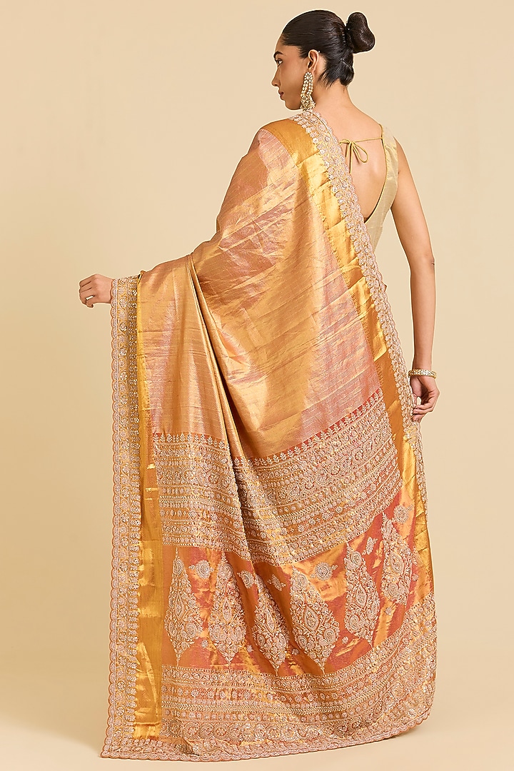 Peach Kanchivaram Embroidered Reception Saree by TATWAMM By Abhishek & Vinita at Pernia's Pop Up Shop
