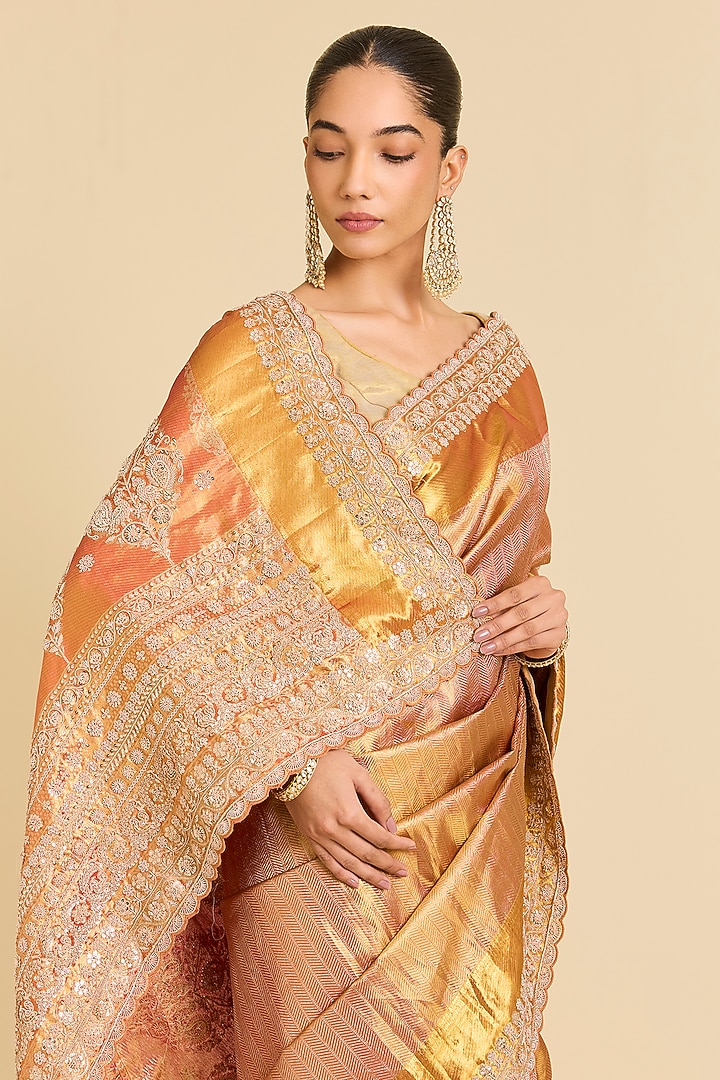 Peach Kanchivaram Embroidered Reception Saree by TATWAMM By Abhishek & Vinita at Pernia's Pop Up Shop