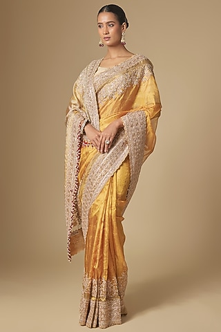 Gold Kanchivaram Tissue Handwork Saree Set by TATWAMM By Abhishek & Vinita