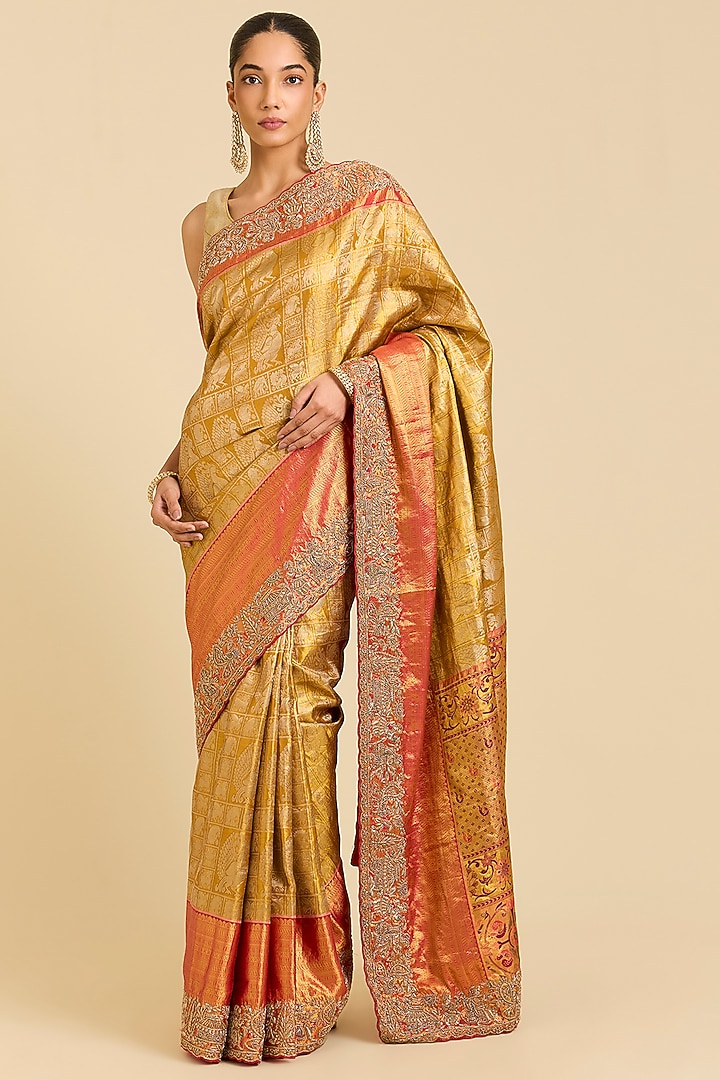 Gold Kanchivaram Embroidered Reception Saree by TATWAMM By Abhishek & Vinita at Pernia's Pop Up Shop