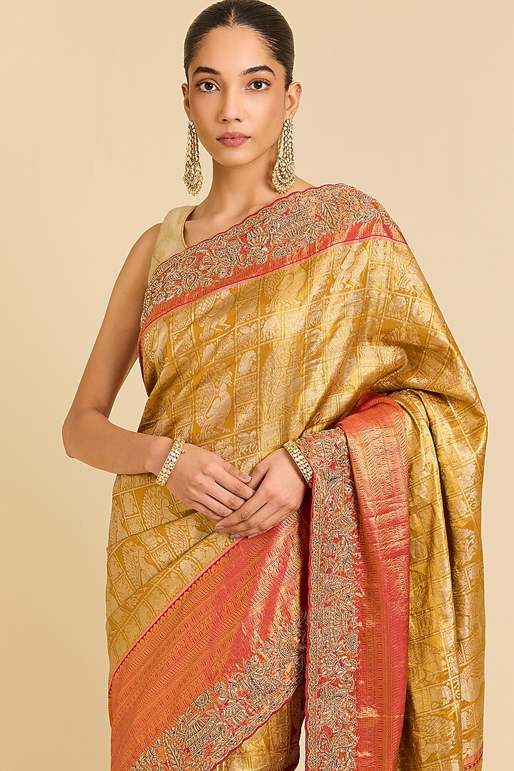 Gold Kanchivaram Embroidered Reception Saree by TATWAMM By Abhishek & Vinita at Pernia's Pop Up Shop