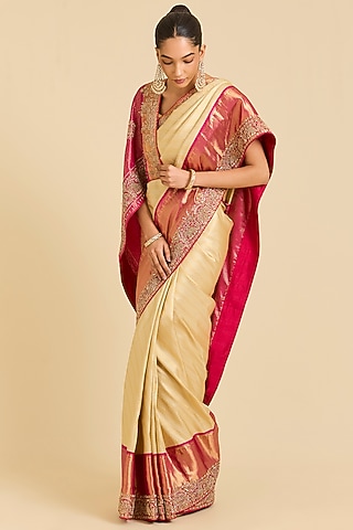 Off-White & Pink Kanchivaram Embroidered Saree by TATWAMM By Abhishek & Vinita