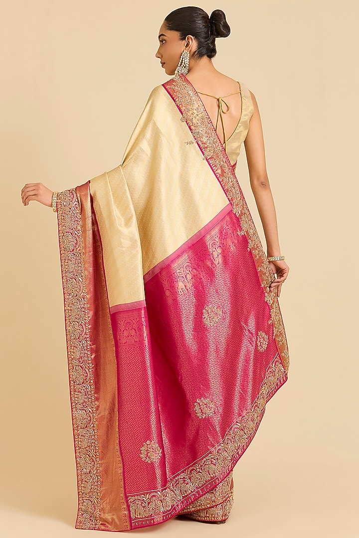 Off-White & Pink Kanchivaram Embroidered Reception Saree by TATWAMM By Abhishek & Vinita at Pernia's Pop Up Shop