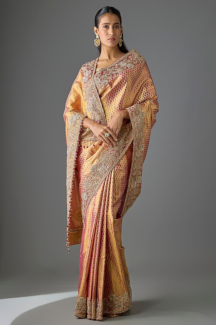Pink Silk Zardosi Work Kanjivaram Reception Saree Set by TATWAMM Couture at Pernia's Pop Up Shop